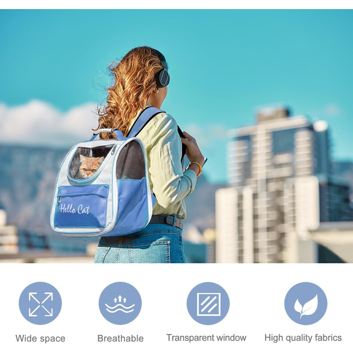 Рюкзак для тварин Surmounty з сітчастим вікном, складний, для котів та собак, з мискою для їжі та води, водонепроникний, до 15 кг (Блакитний)