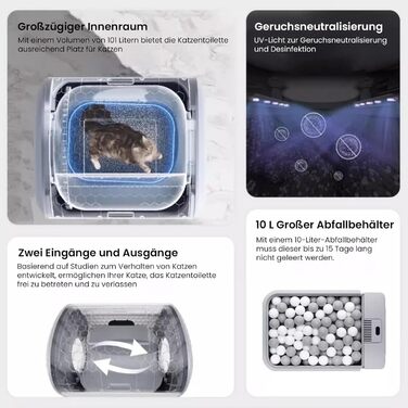 Автоматичний лоток для котів AstroPet 101L з самоочищенням, килимком, керуванням через додаток, великий XXL, для кількох котів, з двома входами, UV-стерилізація, дезодорація негативними іонами кисню, сірий