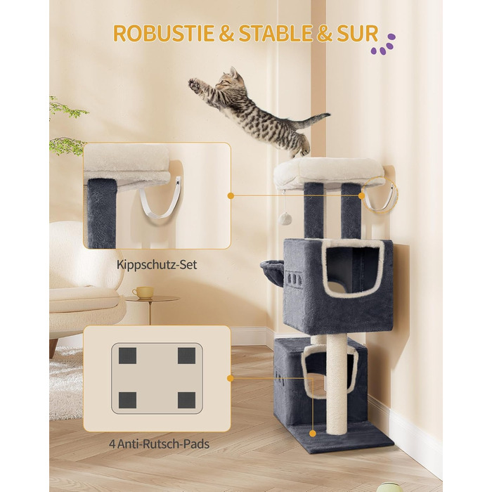 Дерево для котів Hzuaneri, 98 см, зі стійкою конструкцією, великою лежанкою, котячою печерою, сизалевими стовпчиками, кошиком та іграшками, сірий колір MS10018SG