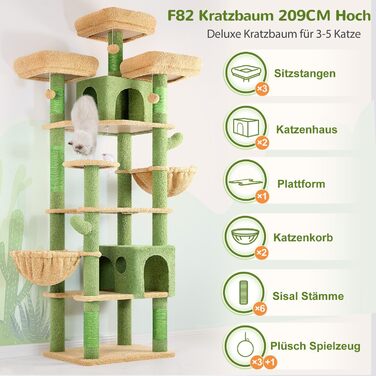 Драбина-кіготь Globlazer XXL, 209 см, з 3 м'якими сидіннями, 2 будиночками, 2 кошиками, великою платформою, іграшками для котів. Стабільна для 3-5 котів.