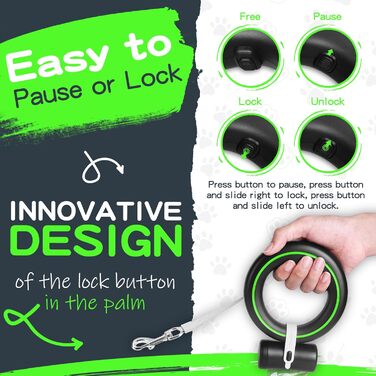 Moestar Висувна повід для собак з контейнером для відходів, рулетка, для маленьких та середніх собак (чорний/зелений)