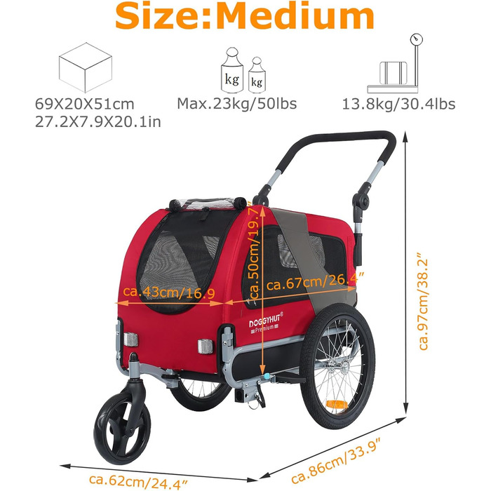 DOGGYHUT® Преміум візок для собак 2-в-1: буксир та візок для собак до 23 кг (червоний)