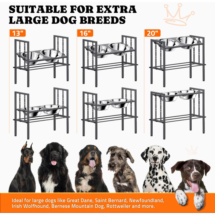 Підвищені годівниці для собак великих порід – металеві годівниці з 3 регульованими рівнями висоти, стійкий підставник для великих та екстра-великих собак, сірого кольору з килимком Large (Об'єм: 13 чашок*2), сірий колір