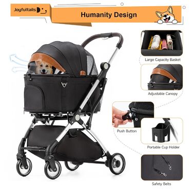 Візок для собак 3 в 1, до 15 кг, чорний. Складаний візок для собак і котів з сумкою-переноскою та дощовиком