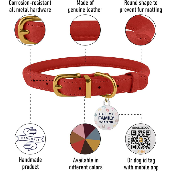 Нашийник для собак Bronzodog з м'якої шкіри з QR-ідентифікатором, регульований, 40-48 см, класичний червоний колір