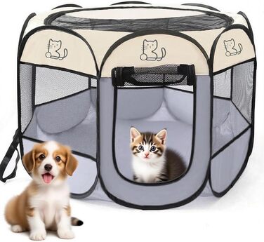 Клітка-вигул для цуценят 74x74x43 см – розкладний вольєр для собак та котів – клітка для кроликів та інших дрібних тварин – безпечний вольєр для дому та вулиці (сірий + котячий)