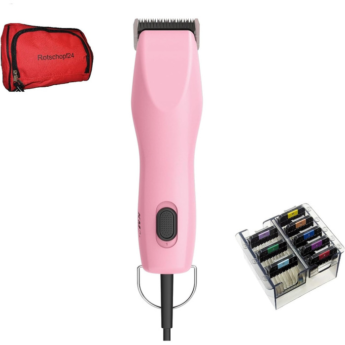 Машинка для стрижки собак KM2+ Rotschopf24 Edition рожевого кольору з сумкою та 8 металевими насадками (3-25 мм). Потужна, 44013