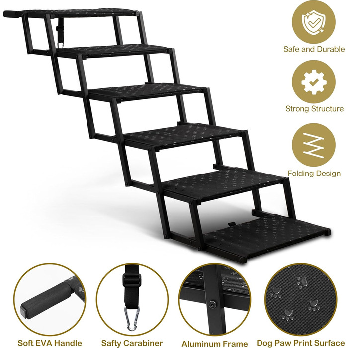 Сходинка для собак у машину - широка, складна, з антиковзаючою поверхнею, для великих собак, підходить для авто, SUV, вантажівок, витримує до 113 кг, 6 сходинок