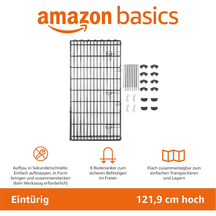 Складаний металевий вольєр Amazon Basics для собак і домашніх тварин, восьмикутний, з дверима, 122 см, чорний