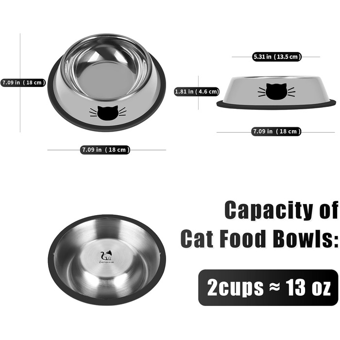 Набір з 2 неслизьких мисок для котячого корму з нержавіючої сталі, міцні, об'єм 200 мл, знімний гумовий дно, легко миються, сірий колір