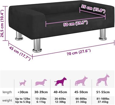Крісло-ліжко для собак, м'яке ліжко для тварин, лежанка для маленьких собак та котів, чорний велюр, 70 x 45 x 26.5 см
