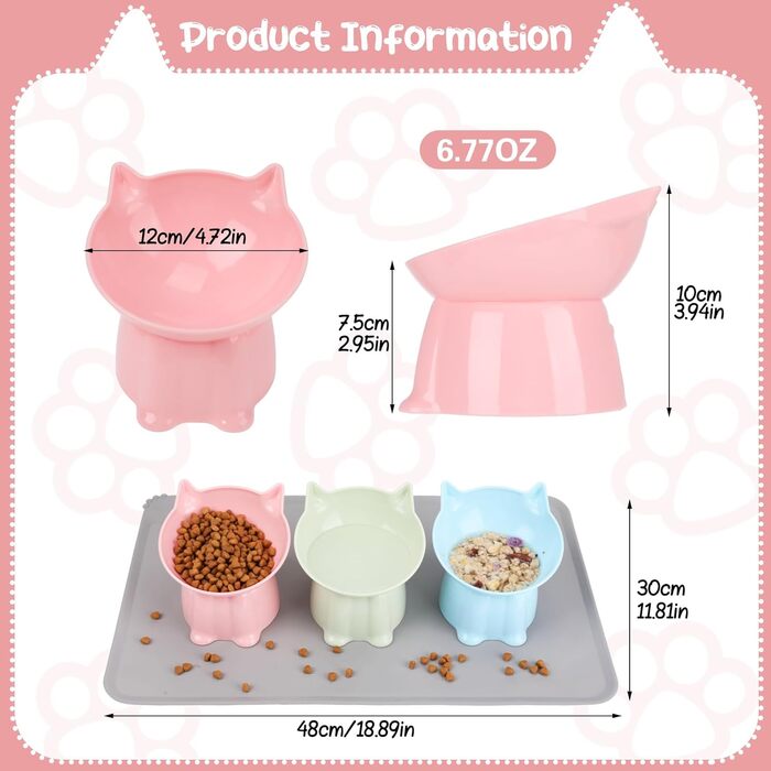 Миски для котів підняті з силіконовим килимком, 15° нахил, анти-блювотні, 3 шт., модні