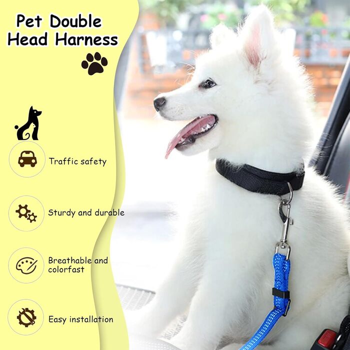 Авторемень для собак у машину, еластичний, з подвійним кріпленням, регульований (блакитний)