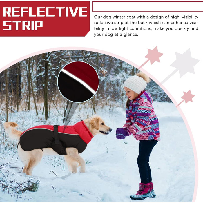 Водонепроникний зимовий одяг для собак: тепла куртка для маленьких, середніх та великих собак. Зимовий одяг для Лабрадора, Чихуахуа, Французького бульдога. З безпечними світловідбиваючими смугами. Червоний колір.