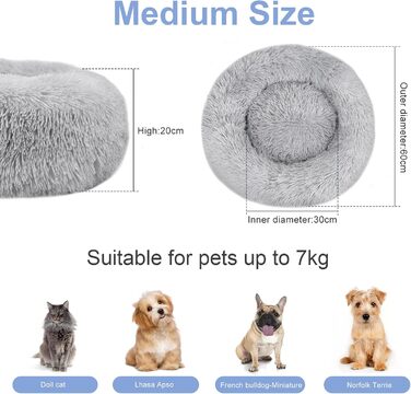 Заспокійливе ліжко для собак знімний чохол, миється, ліжко-пончик проти тривоги, м'яке, кругле, затишне, плюшеве, тепле, 60 см, світло-сірий, зовнішній діаметр 60 см (M), чорний