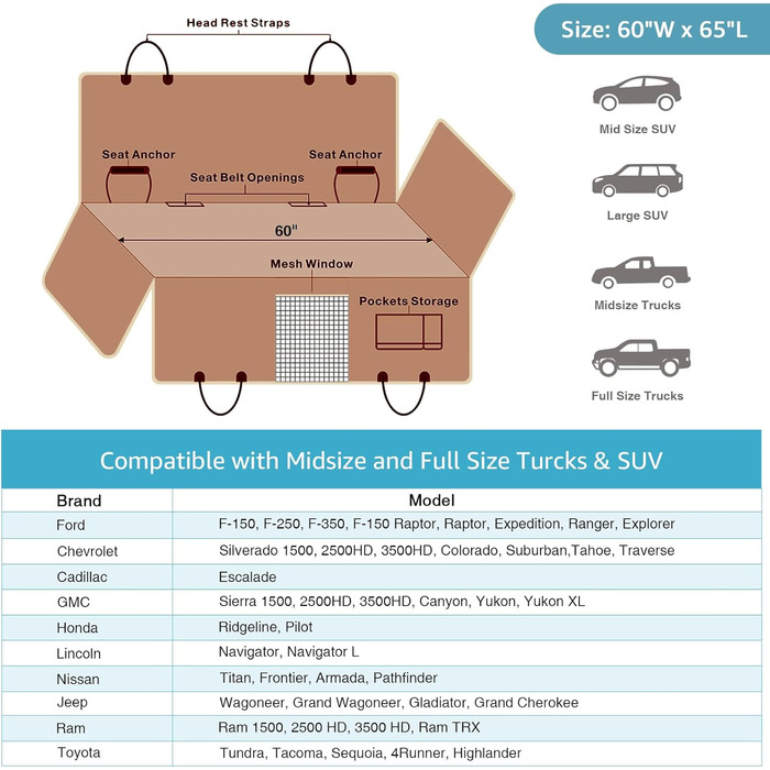Захисний чохол на заднє сидіння для собак Lassie XL, автомобільна гамак для великих SUV та пікапів, сумісний з F150 F250/Chevrolet Silverado/Ram Pickup/GMC Sierra/Toyota Tundra та Crew Cab, коричневий