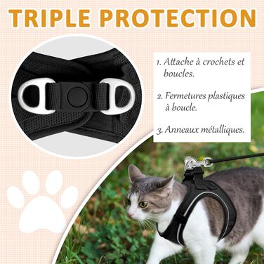 Нашийник для котів Qianruida з повідком, регульований, зручний, дихаючий, світловідбиваючий (Чорний XS)