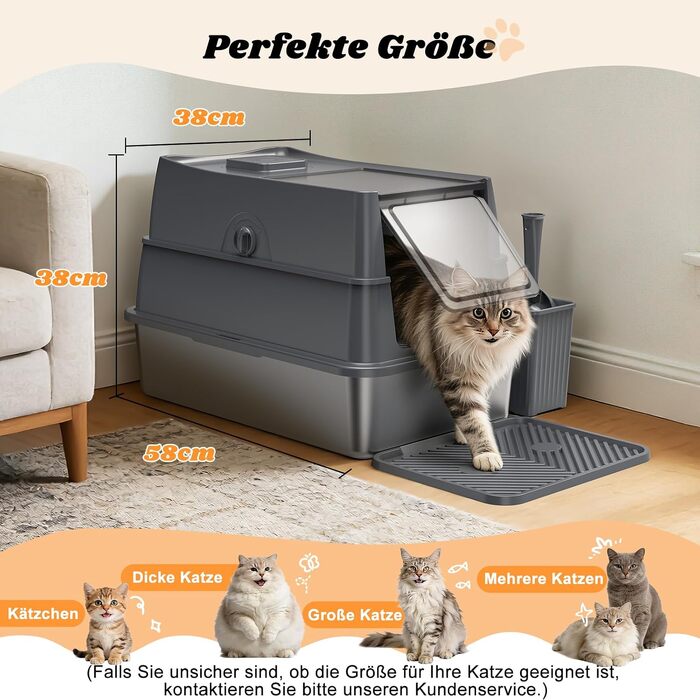 Закритий лоток для котів з нержавіючої сталі FURTIME XL з кришкою, високими бортиками, килимком та контейнером для сміття, темно-сірий (58 x 38 x 38 см)