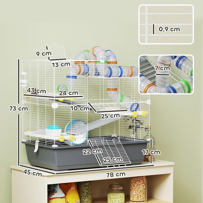 Клітка для хом'яків PawHut 4-ярусна з аксесуарами: колесо, годівниця, тунель, хатинка. Розмір 78x45x73 см, сіра