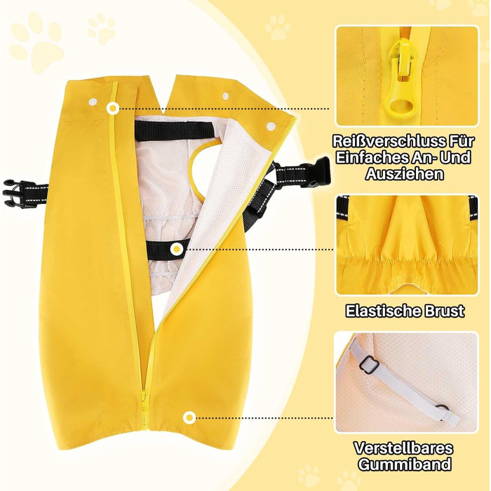 Дощовик для собак SlowTon з нагрудником, знімна капюшон, водонепроникна куртка, двошаровий пончо з світловідбиваючими елементами, жовтий, XS