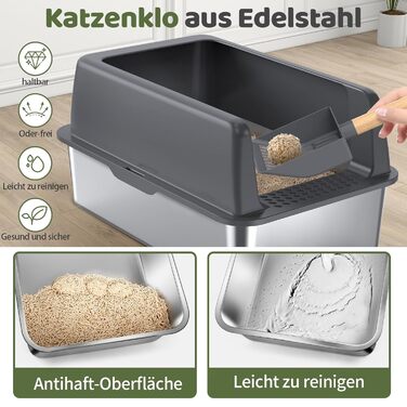 Кішниця для котів Gimars XL з нержавіючої сталі, велика лоток для котів 20L з лопаткою та килимком, міцна металева кішниця, кішниця з нержавіючої сталі для великих та середніх котів (темно-сіра з педалем)