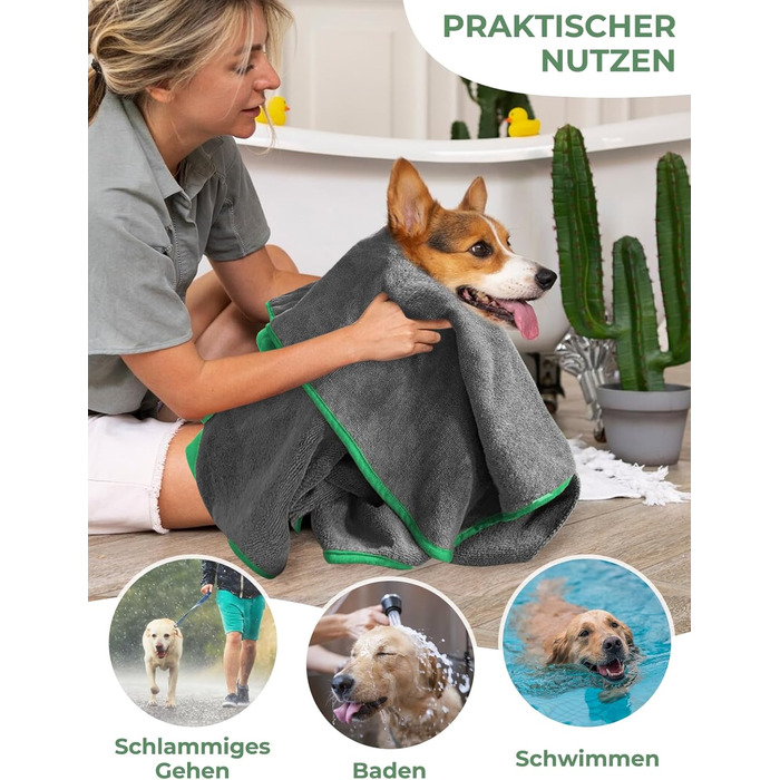 Рушник для собак з мікрофібри, халат для собак, швидковисихаючий, з регульованим коміром на липучці, для великих, середніх та маленьких собак/котів (Сірий зелений, M)