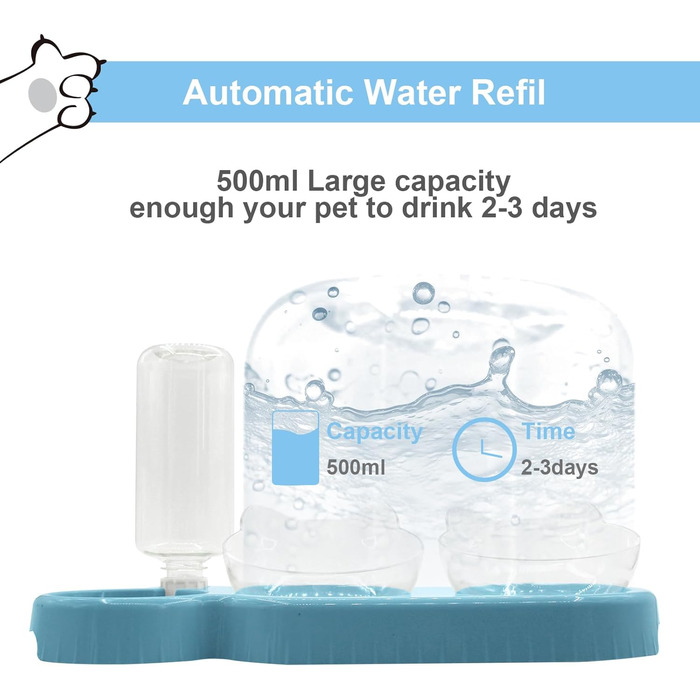 Набір мисок для котів та собак 2-в-1 з диспенсером води, антиковзаючою підкладкою та лопаткою (блакитний)