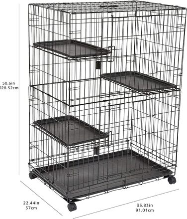 Amazon Basics великий міцний триповерховий котячий вольєр, металевий, чорний, 91x57x129 см