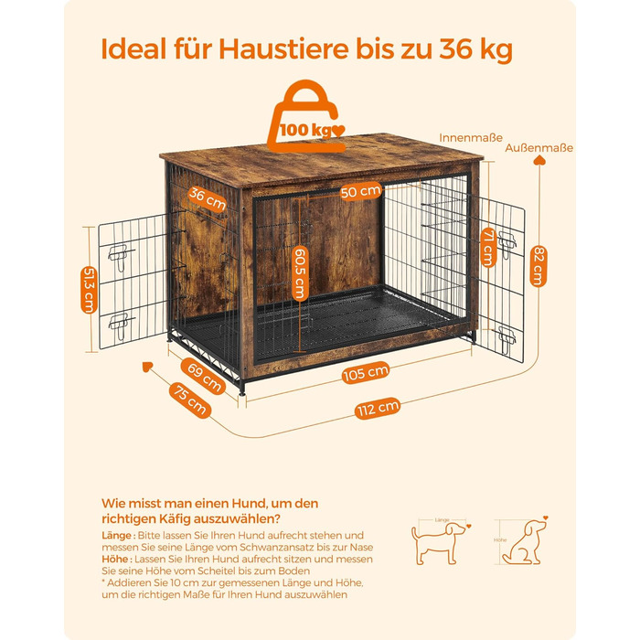 Клітка для собак Feandrea з журнальним столиком, вінтажний коричневий, 112 x 75 x 82 см, до 36 кг