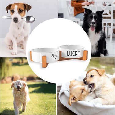 OWLBOOK Миска для собак з гравіюванням імені - подвійна миска з кераміки та бамбука, 300 мл