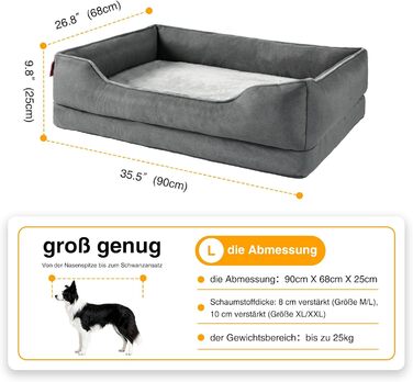 Ортопедичне собаче ліжко Zedelmaier для середніх та великих собак, 90x68x25 см, стійке до подряпин, з товстим матрацом, зручне, знімний чохол, темно-сірий колір