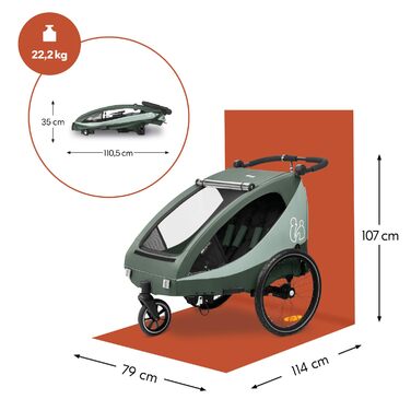 Дитячий велопричіп-коляска Hauck Dryk Duo Plus для 2 дітей (6-48 місяців), з амортизацією, складна, з LED-ліхтарем та великим багажником (Dark Green)