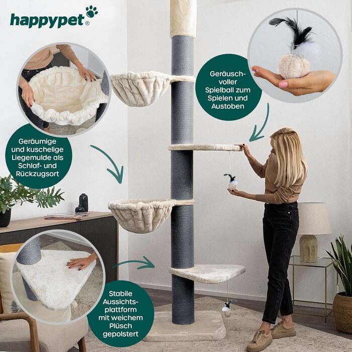 Кігтеточка HAPPYPET 'Леонардо' XXL для великих котів, 250-275 см, товсті стійкі стовпи, великі лежанки до 20 кг, гніздо, сертифіковане дерево, кігтеточка для Мейн-кунів та Регдоллів, сірий/кремовий колір
