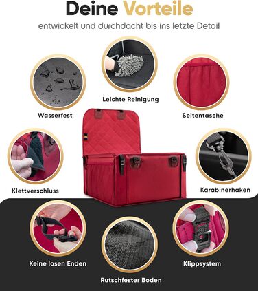 Автокрісло для собак HELDENWERK Extra Stabiler - надійне, водонепроникне, з 5 ременями, для заднього та переднього сидіння (Червоний, Стандартний розмір)