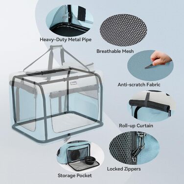 Транспортна переноска для собак та котів, 81x58x58 см, складна, з мискою, блакитна (XL)