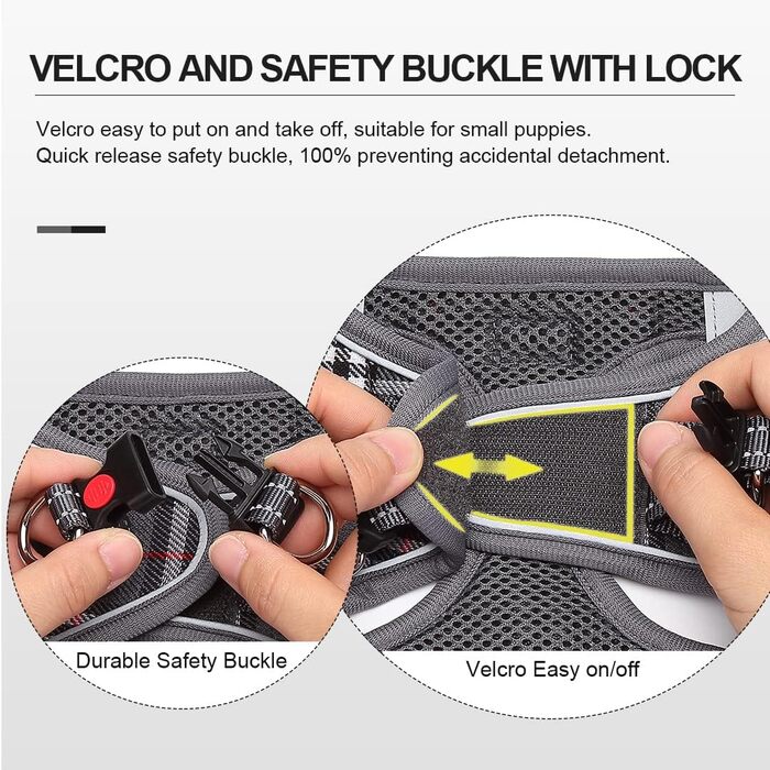 Нашийник для собак маленьких порід з повідком, анти-тягнучий, світловідбиваючий, дихаючий, нагрудник для цуценят (S, обхват грудей: 29-33см) (Сірий в клітинку, XL (обхват грудей: 46-53см, вага: 8-10.5кг))