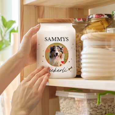 Керамічна банка для ласощів з дерев'яною кришкою - персоналізована з фото та ім'ям - для собак, котів та інших домашніх тварин. Чудова ідея для подарунка