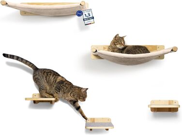 WOOWOOD® Стіна для лазіння котів з 2 сходами, масив дерева, настінний комплекс, гамак, кігтеточка, меблі для котів, повний комплект (5 елементів)