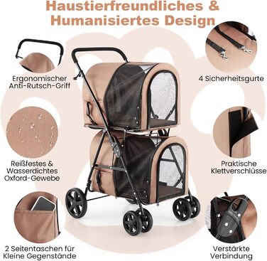 GYMAX Складаний візок для собак, буги для тварин з 2 знімними кишенями, візок для собак з передніми та задніми дверцятами, переноска для домашніх тварин з сітчастою тканиною та колесами з гальмом, переноска для собак та котів (Бежевий)