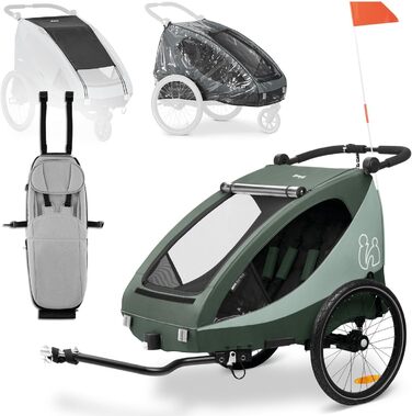 Фаркоп-причіп Hauck Dryk Duo Plus Set для 2 дітей з люлькою, тентом та дощовим захистом – складаний, з підвіскою та функцією коляски (Темно-зелений)