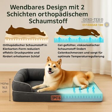 Ортопедичне ліжко для собак середніх та великих порід CORTESPETS® - диван для собак, знімний та пральний чохол, високі бортики, м'яке ліжко з Memory Foam, вологостійке, сірого кольору, 90 x 64 x 17 см