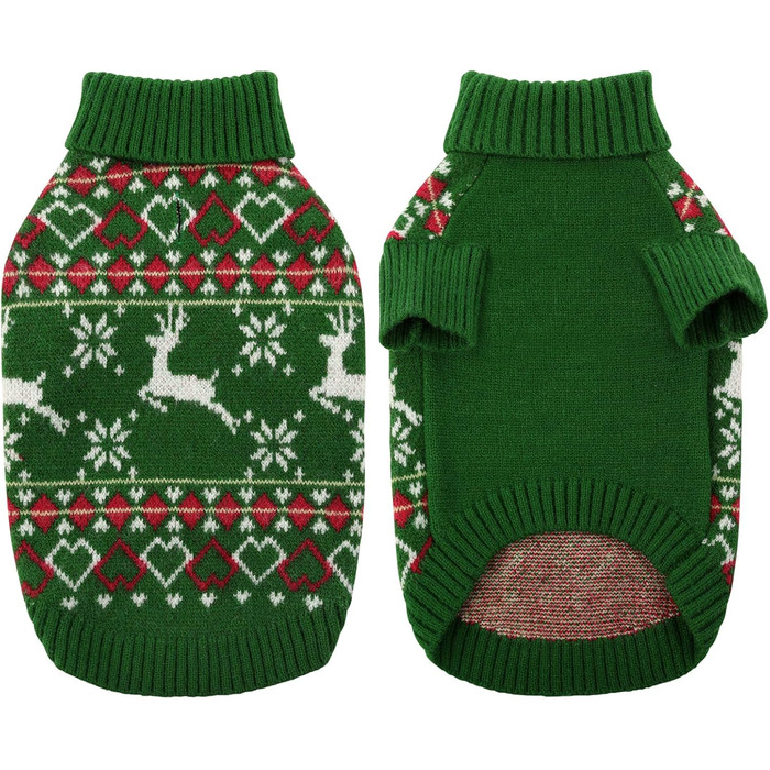 Теплий святковий пуловер для собак на Новий Рік з оленем, для маленьких та середніх собак, ідеальний для цуценят, котів та собак, зелений, S (37 см обхват грудей)