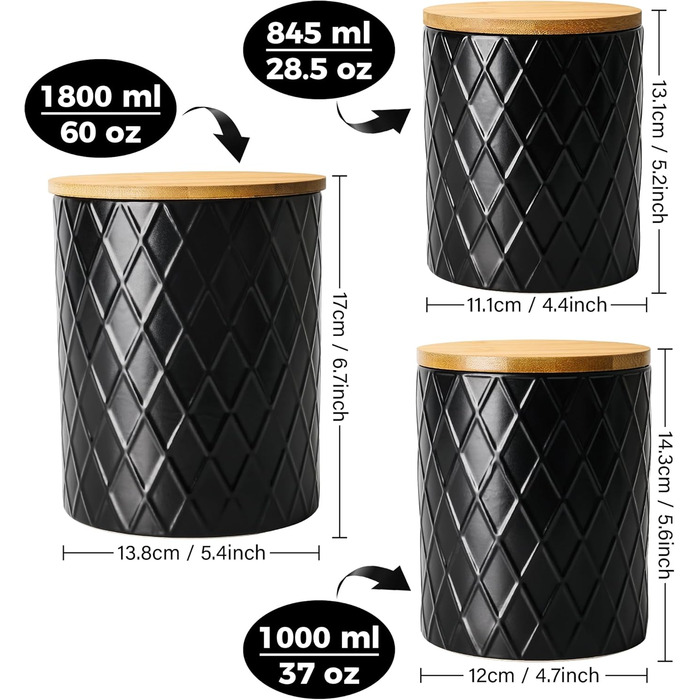 Набір з 3 вазок для зберігання Miamio Palmanova, кераміка з дерев'яним кришкою, білий та чорний кольори