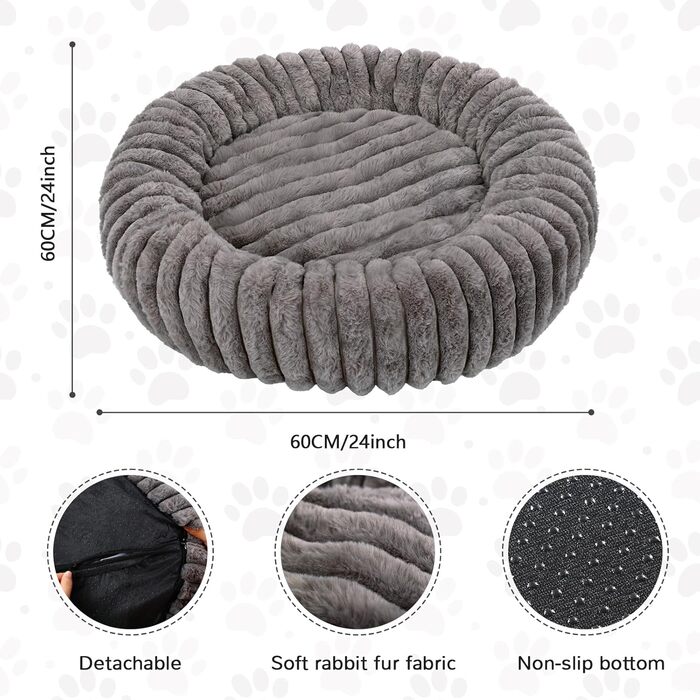 Килимок для кота, круглий, у вигляді подушки-бублика, для домашніх тварин, для маленьких собак, знімний, м'який, з антиковзким дном (50 x 50 см) (60 x 60 x 20 см, сірий)