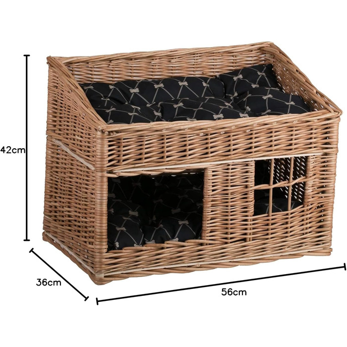 Кішка Будинок Прямокутна з Плетеного Лози, Двоярусний Корз для Кота з Подушкою та Вікном (Чорний, Натуральний)