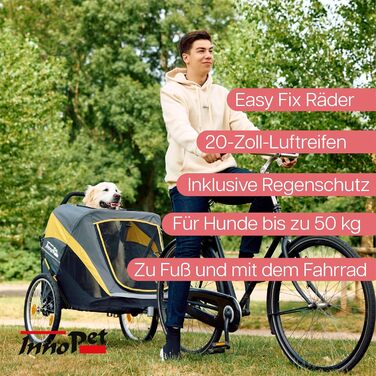 Візок для собак Innopet Hercules 2-в-1 (також велосипедний причіп) жовто-сірий - до 50 кг, з перетворювачем та дощовим покривом, внутрішні повідки, повітряні колеса 45 см
