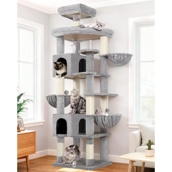 Комплекс для котів Globlazer XXL 209 см з 2 будиночками, великою платформою, 3 кошиками, ситцевими стійками, 8 стовпчиками з сизалю. Стабільний комплекс для котів Globlazer (S82, сірий)