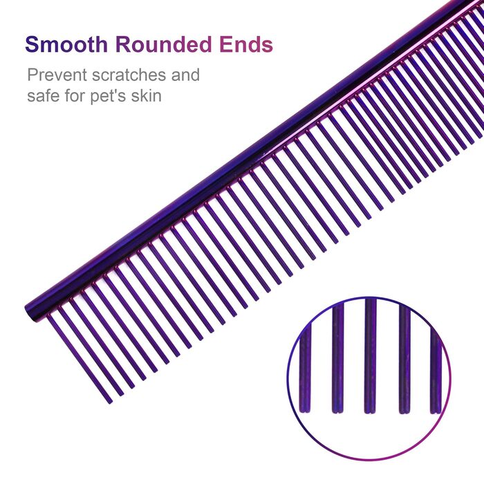 Гребінець для собак та котів, нержавіюча сталь, заокруглені зубці, 19 x 3,5 см (фіолетовий)