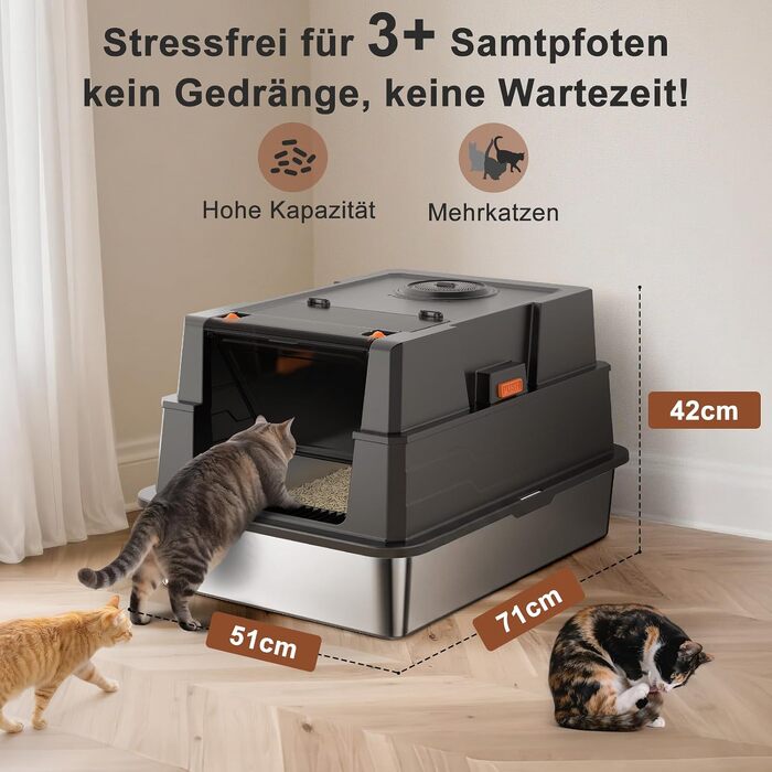 Закритий лоток для котів з нержавіючої сталі FURTIME XL з кришкою, високими бортами, килимком та контейнером для сміття, чорний (70 x 51 x 42 см)
