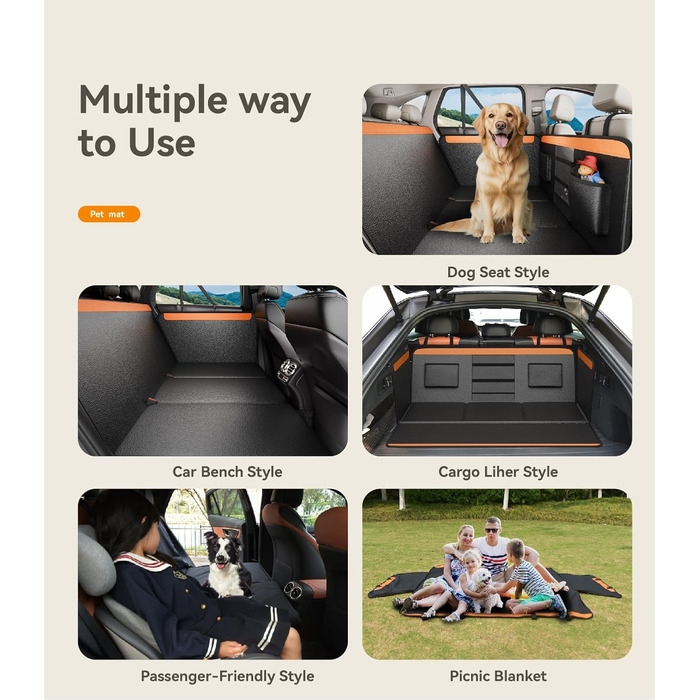 Подовжувач для заднього сидіння автомобіля для собак, преміум PU-шкіра, захисний чохол для сидіння з жорсткою основою, витримує 180 кг, водовідштовхувальний, універсальний, оранжево-чорний